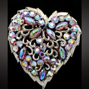 Coro Vintage Cabochon Broach Pin Heart A.B.Rhinstone Crystal Shiny Pin